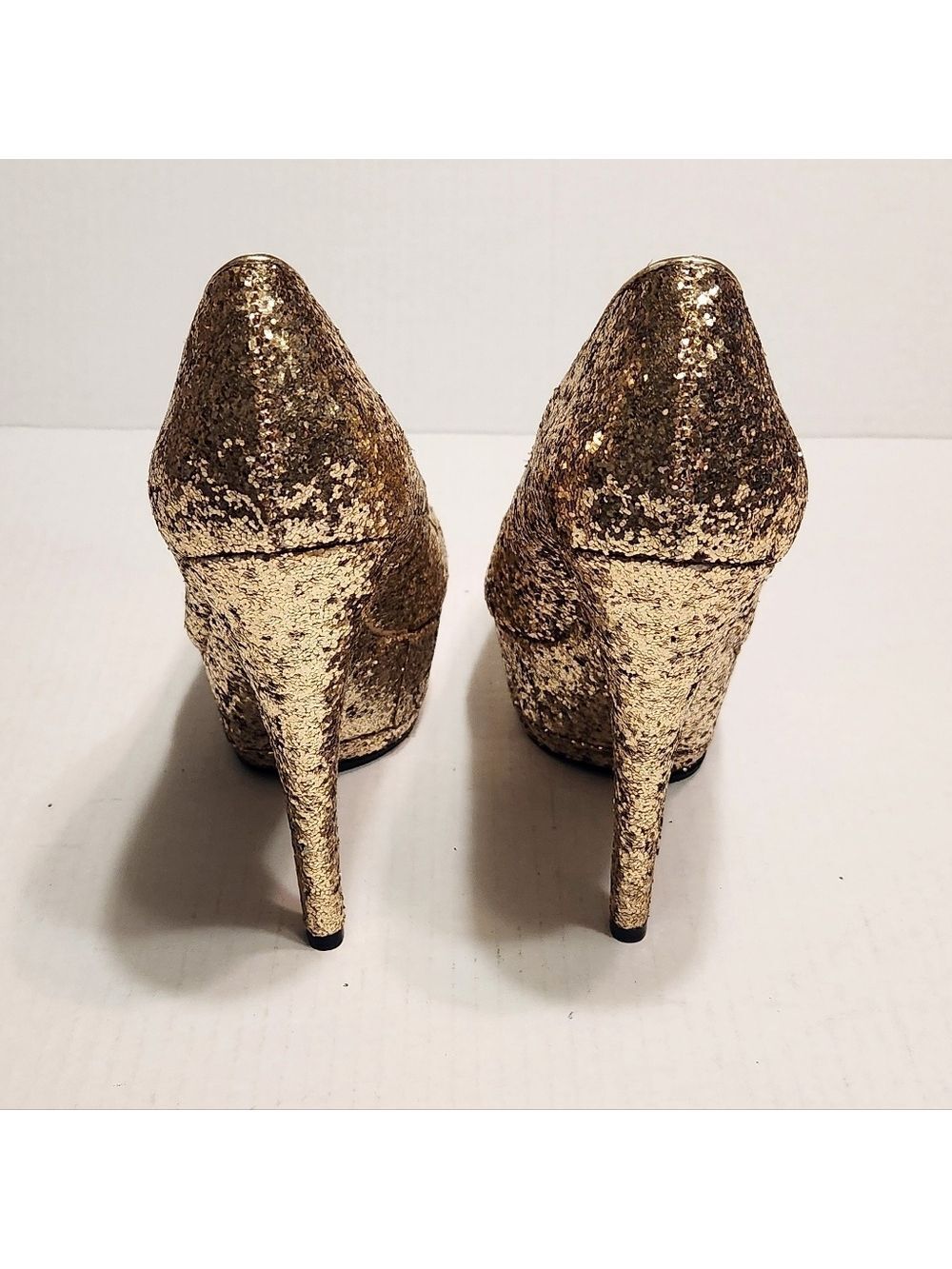 Bebe Gold Glitter Platform Stiletto Heel Pumps Size 8 - Picture 6 of 11